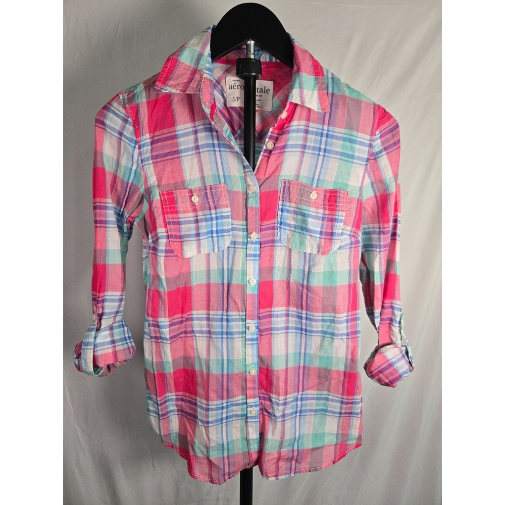 Aeropostale Small Pink Blue Plaid Button Front Shirt 100% Cotton Roll Tab Sleeve